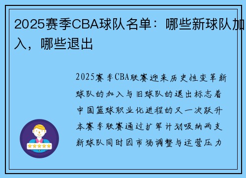 2025赛季CBA球队名单：哪些新球队加入，哪些退出
